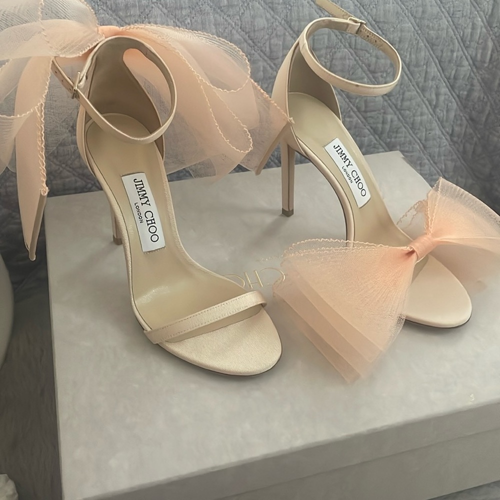 Jimmy Choo Womens Aveline 100 Beige Bow Ankle Strap Stiletto Heels Shoes NWT